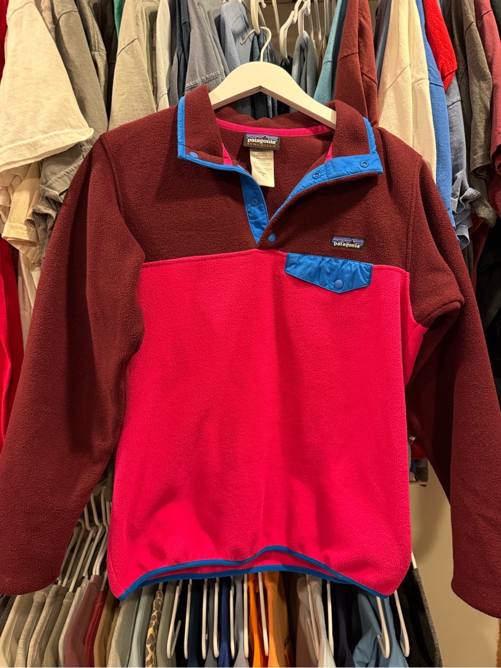 Patagonia Colorblock Snap-T Pullover in Burgundy, Pink & Blue